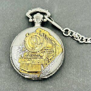 Details Pocket Watch Train Locomotive Quartz Japan Movement Chain Needs Battery